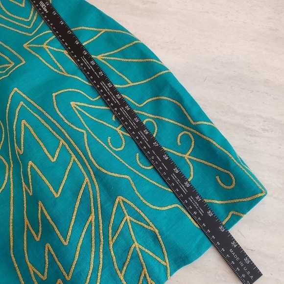 Santa Fe Sheath Dress Womens 6 Aqua Green Ramie Gold Embroidered Leaves Tropical - Picture 6 of 13